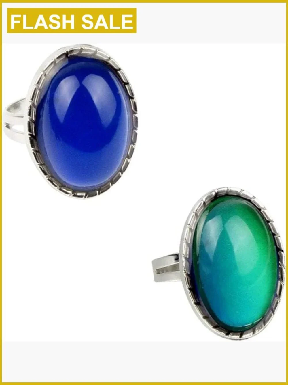 2 PCS Adjustable Mood Ring Set Oval Stone Band Ring One Size Fits All
